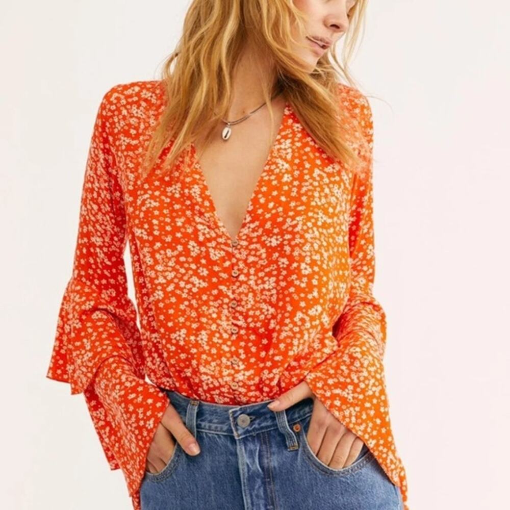 Free People Intimates She's Ditsy Orange Floral Long Tiered Bell Sleeve Bodysuit